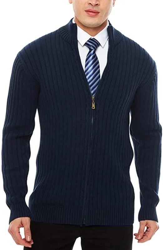 Herren Feinstrick-Cardigan mit durchgehendem Reißverschluss, Stehkragen und markanter Rippenstruktur Drune