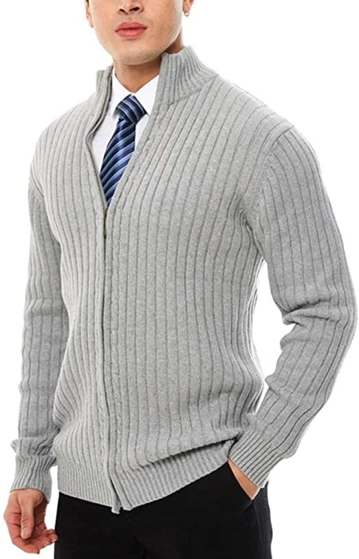 Herren Feinstrick-Cardigan mit durchgehendem Reißverschluss, Stehkragen und markanter Rippenstruktur Drune