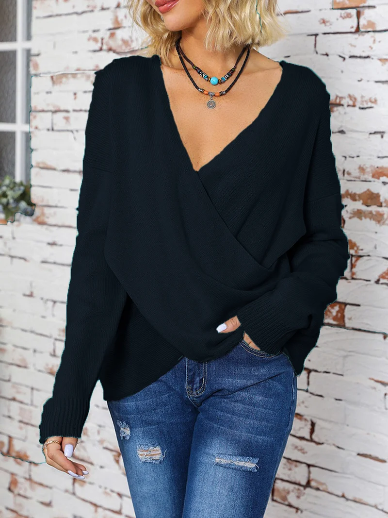 Damen Wickel-Strickpullover mit tiefem V-Ausschnitt und überschnittenen Ärmeln Drune