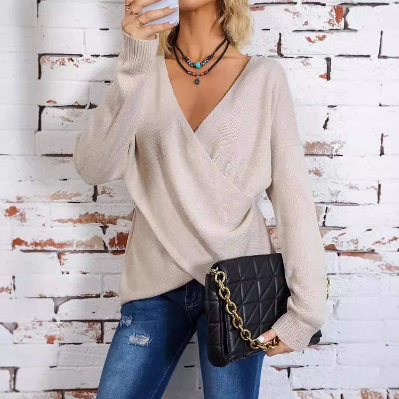 Damen Wickel-Strickpullover mit tiefem V-Ausschnitt und überschnittenen Ärmeln Drune
