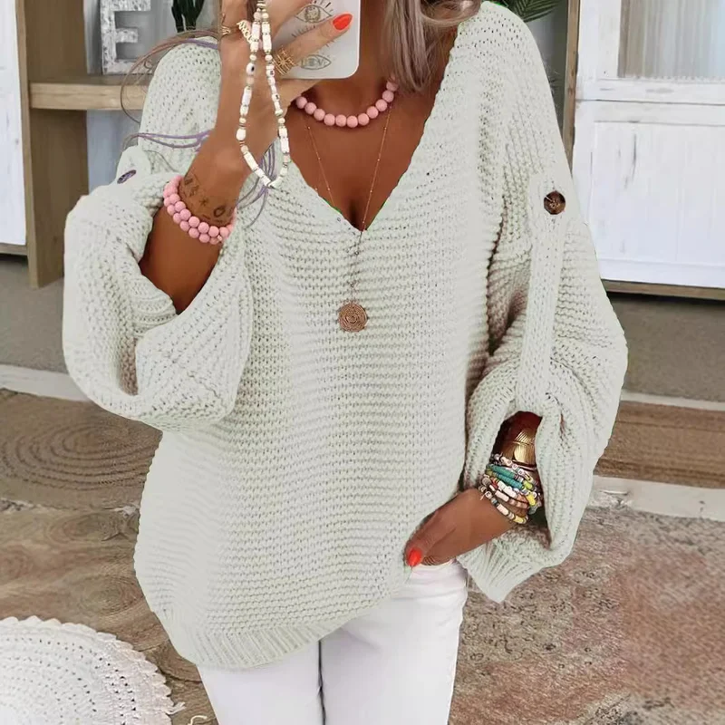 Damen weiter Strickpullover mit V-Ausschnitt, Ballonärmeln und Knopfdetail Drune