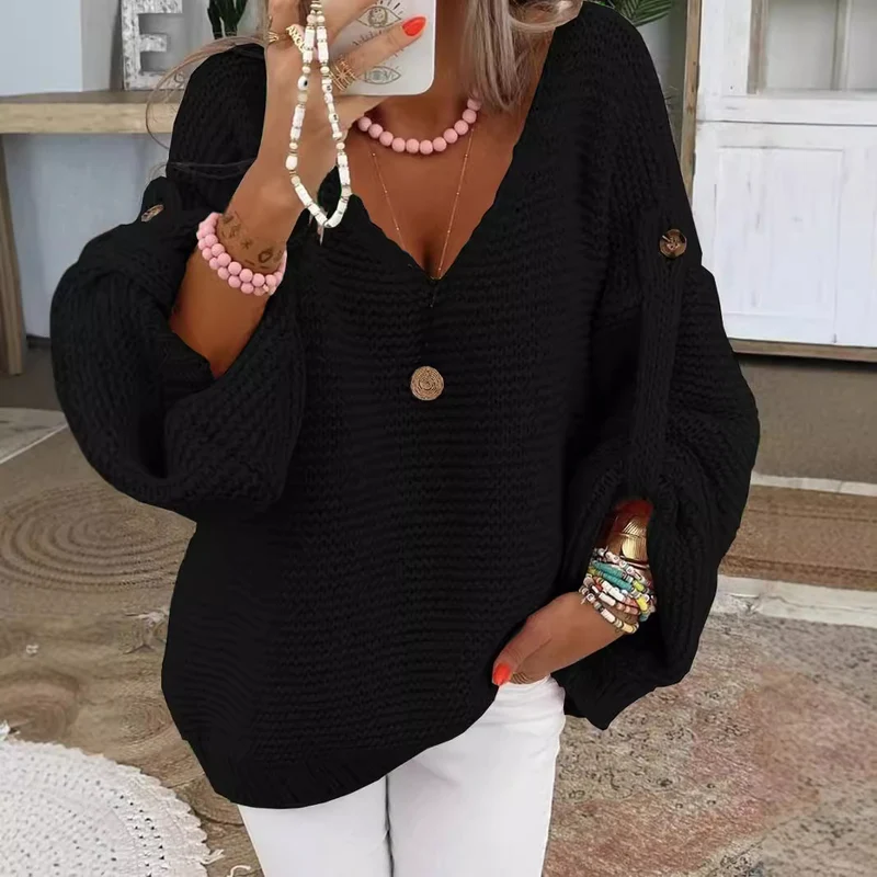 Damen weiter Strickpullover mit V-Ausschnitt, Ballonärmeln und Knopfdetail Drune