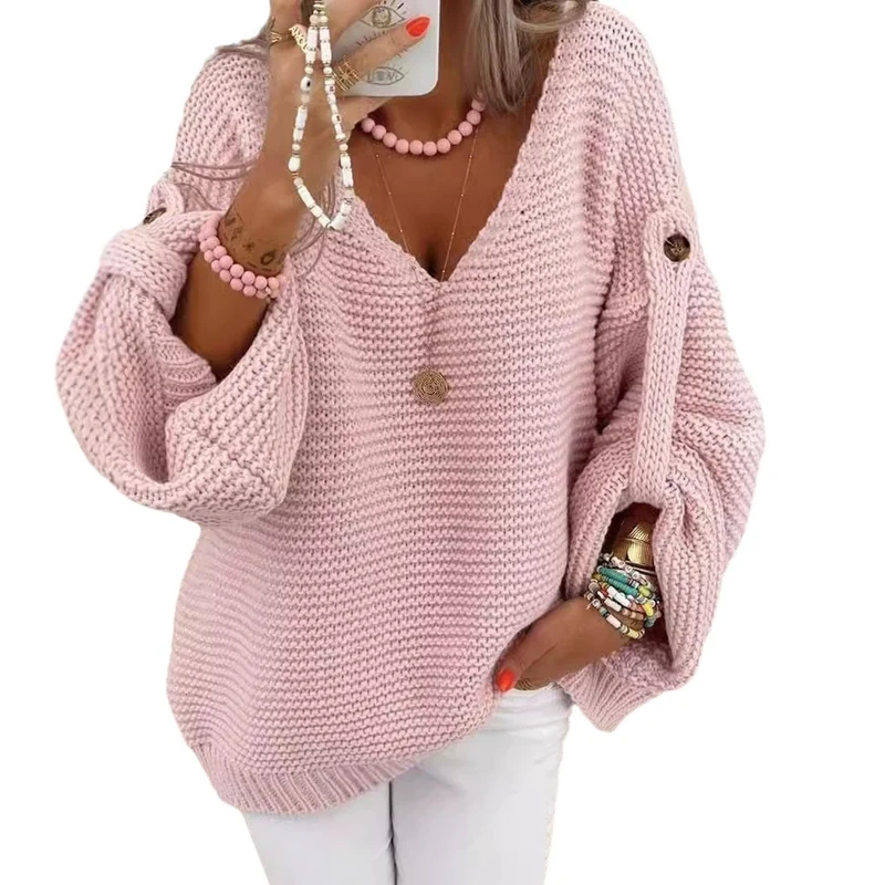 Damen weiter Strickpullover mit V-Ausschnitt, Ballonärmeln und Knopfdetail Drune
