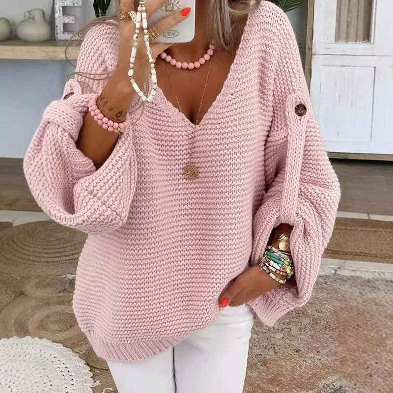 Damen weiter Strickpullover mit V-Ausschnitt, Ballonärmeln und Knopfdetail Drune