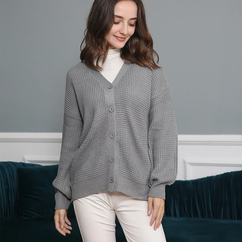 Damen Waffelstruktur-Cardigan mit tiefem V-Ausschnitt und kastigem Oversize-Schnitt Drune