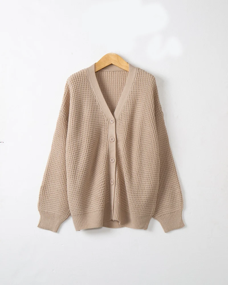 Damen Waffelstruktur-Cardigan mit tiefem V-Ausschnitt und kastigem Oversize-Schnitt Drune