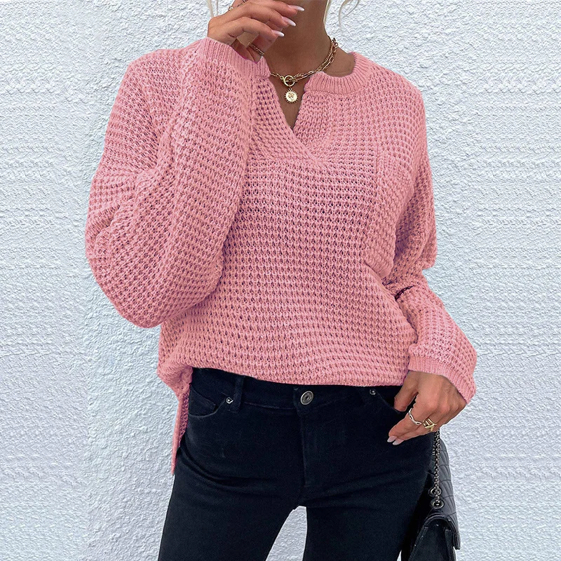 Damen Waffelstrick-Pullover mit V-Schlitz, oversized Schnitt und Ballonärmeln Drune