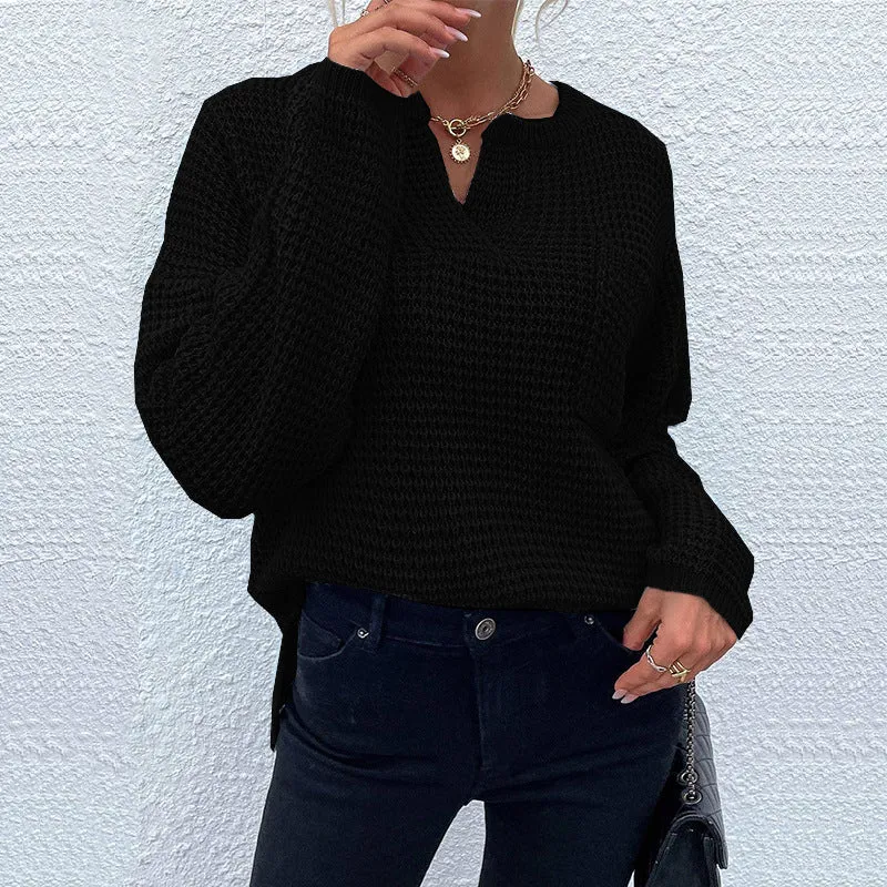 Damen Waffelstrick-Pullover mit V-Schlitz, oversized Schnitt und Ballonärmeln Drune