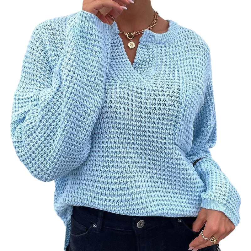 Damen Waffelstrick-Pullover mit V-Schlitz, oversized Schnitt und Ballonärmeln Drune