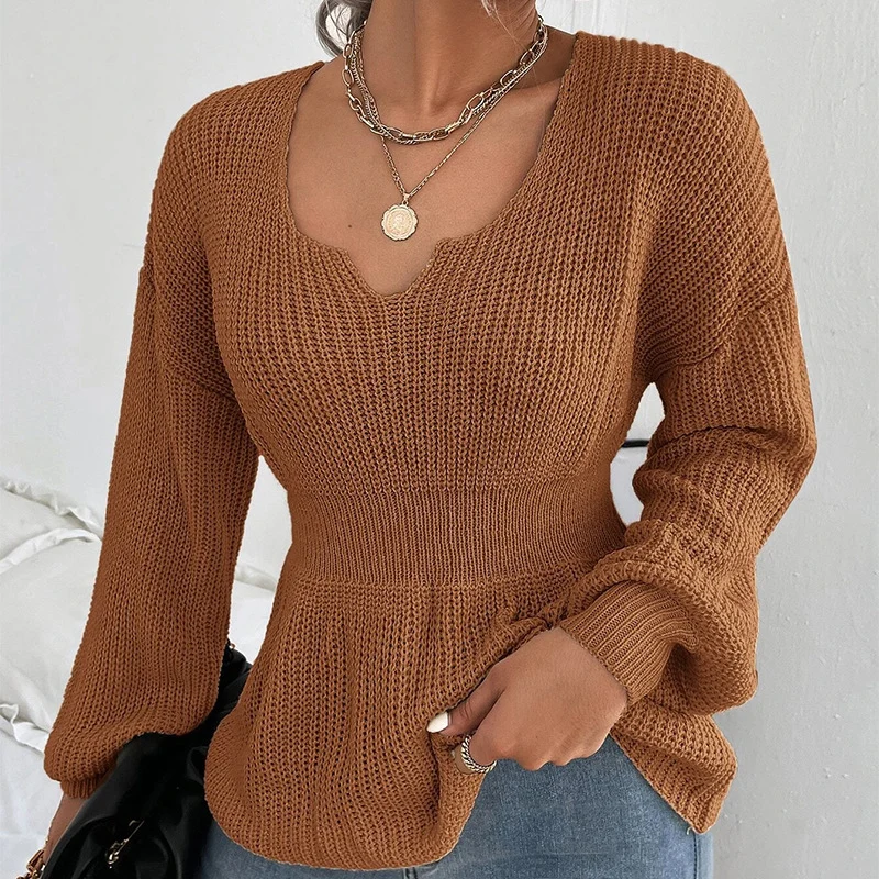 Damen Taillierter Feinstrickpullover mit eingekerbtem V-Ausschnitt, taillenbetonter Rippzone und Ballonärmeln Drune