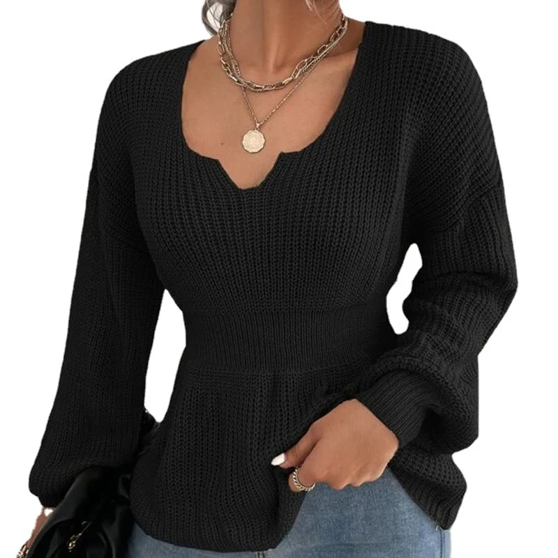 Damen Taillierter Feinstrickpullover mit eingekerbtem V-Ausschnitt, taillenbetonter Rippzone und Ballonärmeln Drune
