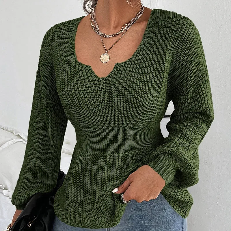 Damen Taillierter Feinstrickpullover mit eingekerbtem V-Ausschnitt, taillenbetonter Rippzone und Ballonärmeln Drune