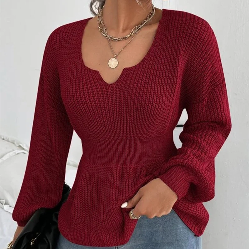 Damen Taillierter Feinstrickpullover mit eingekerbtem V-Ausschnitt, taillenbetonter Rippzone und Ballonärmeln Drune