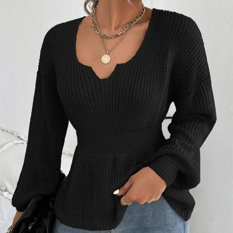 Damen Taillierter Feinstrickpullover mit eingekerbtem V-Ausschnitt, taillenbetonter Rippzone und Ballonärmeln Drune