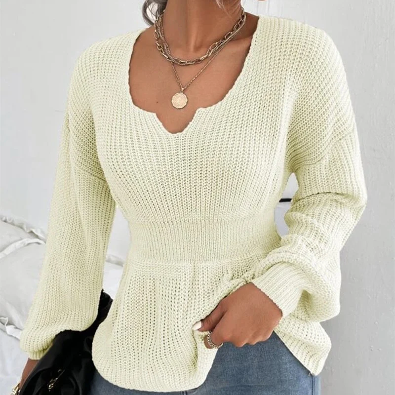 Damen Taillierter Feinstrickpullover mit eingekerbtem V-Ausschnitt, taillenbetonter Rippzone und Ballonärmeln Drune