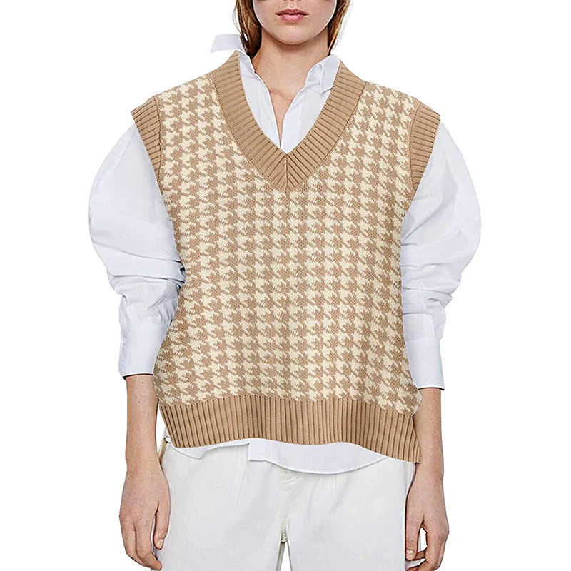 Damen Strickweste mit Hahnentritt-Muster, V-Ausschnitt und geripptem Saum Drune