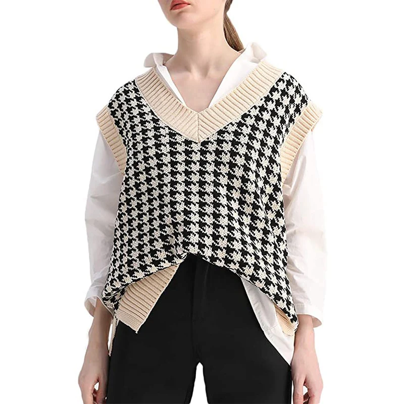 Damen Strickweste mit Hahnentritt-Muster, V-Ausschnitt und geripptem Saum Drune