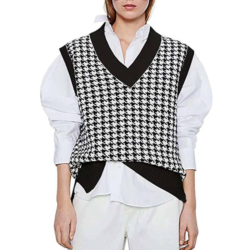 Damen Strickweste mit Hahnentritt-Muster, V-Ausschnitt und geripptem Saum Drune