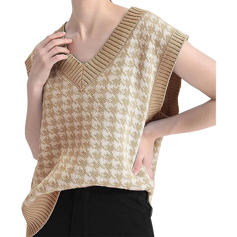 Damen Strickweste mit Hahnentritt-Muster, V-Ausschnitt und geripptem Saum Drune