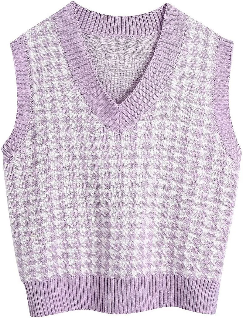Damen Strickweste mit Hahnentritt-Muster, V-Ausschnitt und geripptem Saum Drune