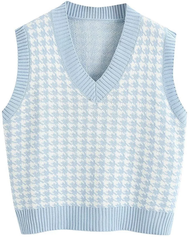 Damen Strickweste mit Hahnentritt-Muster, V-Ausschnitt und geripptem Saum Drune
