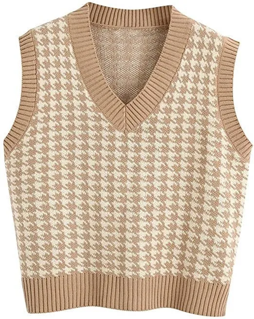Damen Strickweste mit Hahnentritt-Muster, V-Ausschnitt und geripptem Saum Drune