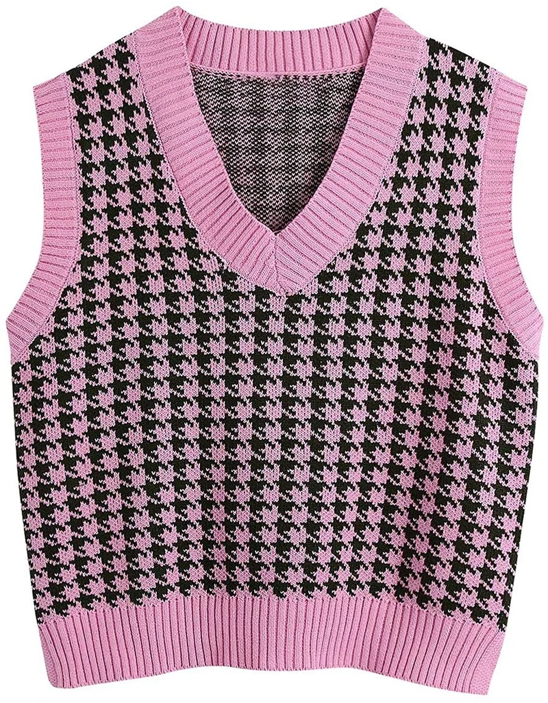 Damen Strickweste mit Hahnentritt-Muster, V-Ausschnitt und geripptem Saum Drune