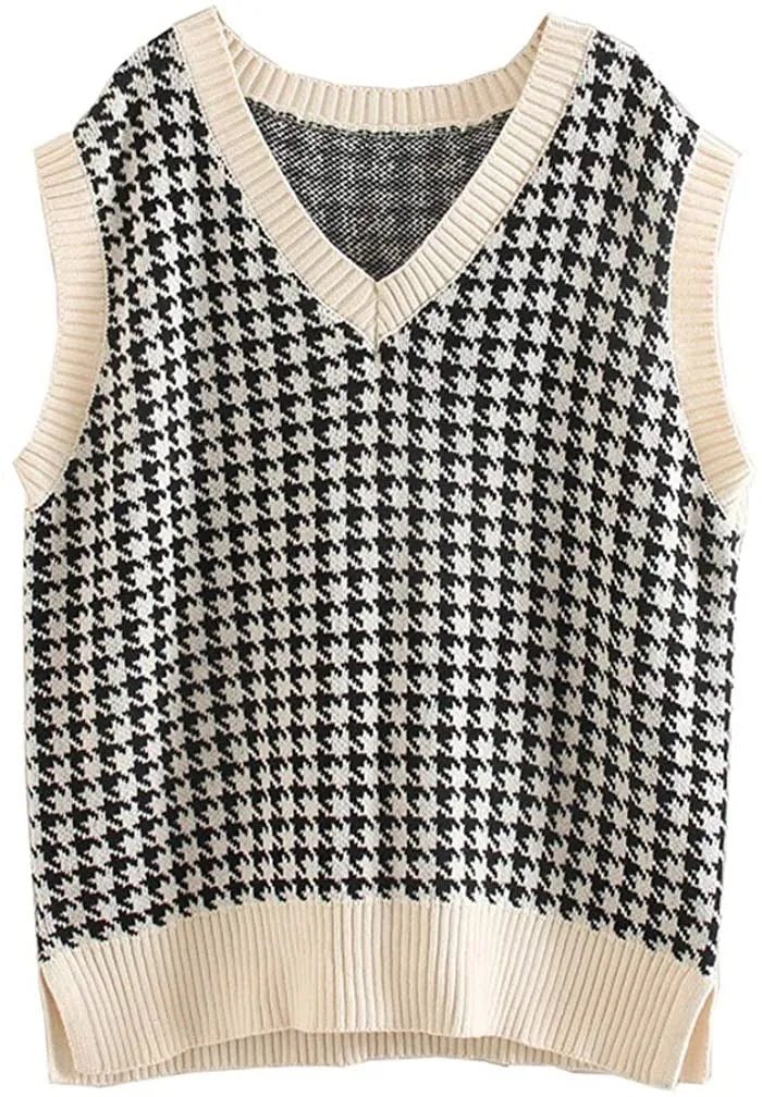 Damen Strickweste mit Hahnentritt-Muster, V-Ausschnitt und geripptem Saum Drune