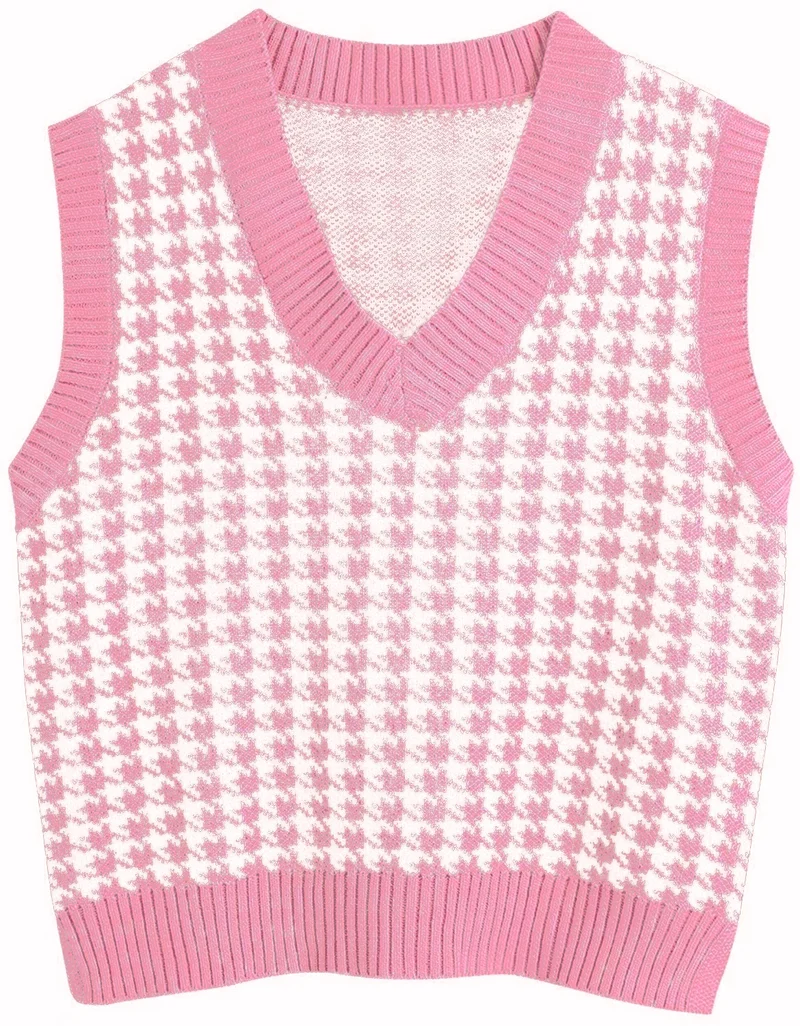 Damen Strickweste mit Hahnentritt-Muster, V-Ausschnitt und geripptem Saum Drune