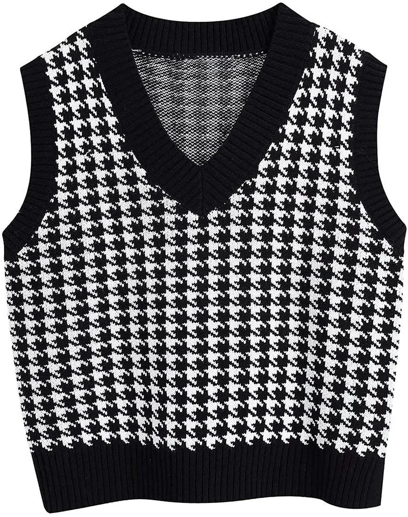 Damen Strickweste mit Hahnentritt-Muster, V-Ausschnitt und geripptem Saum Drune