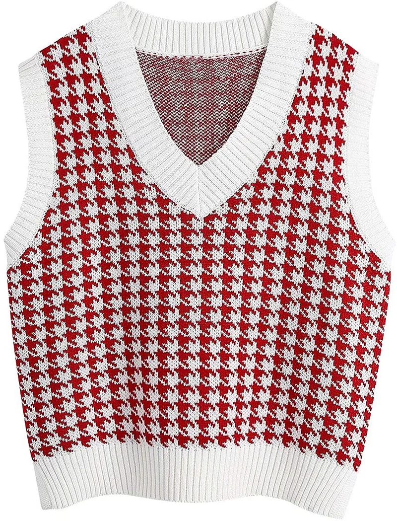 Damen Strickweste mit Hahnentritt-Muster, V-Ausschnitt und geripptem Saum Drune