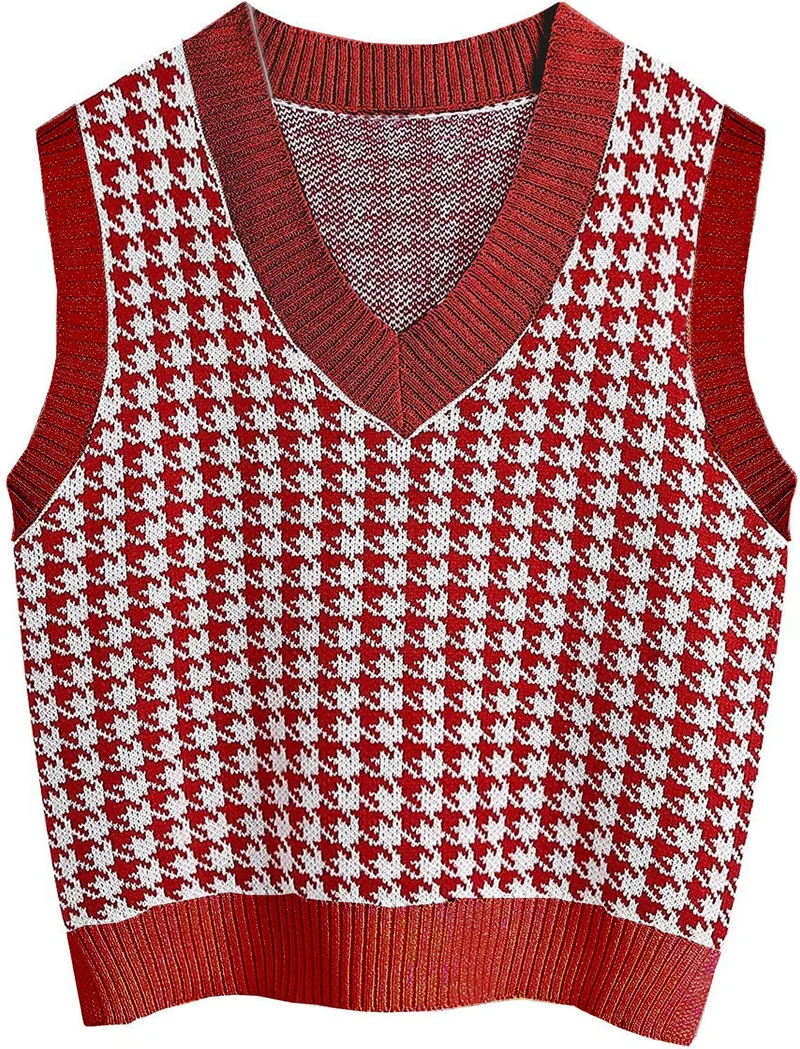 Damen Strickweste mit Hahnentritt-Muster, V-Ausschnitt und geripptem Saum Drune