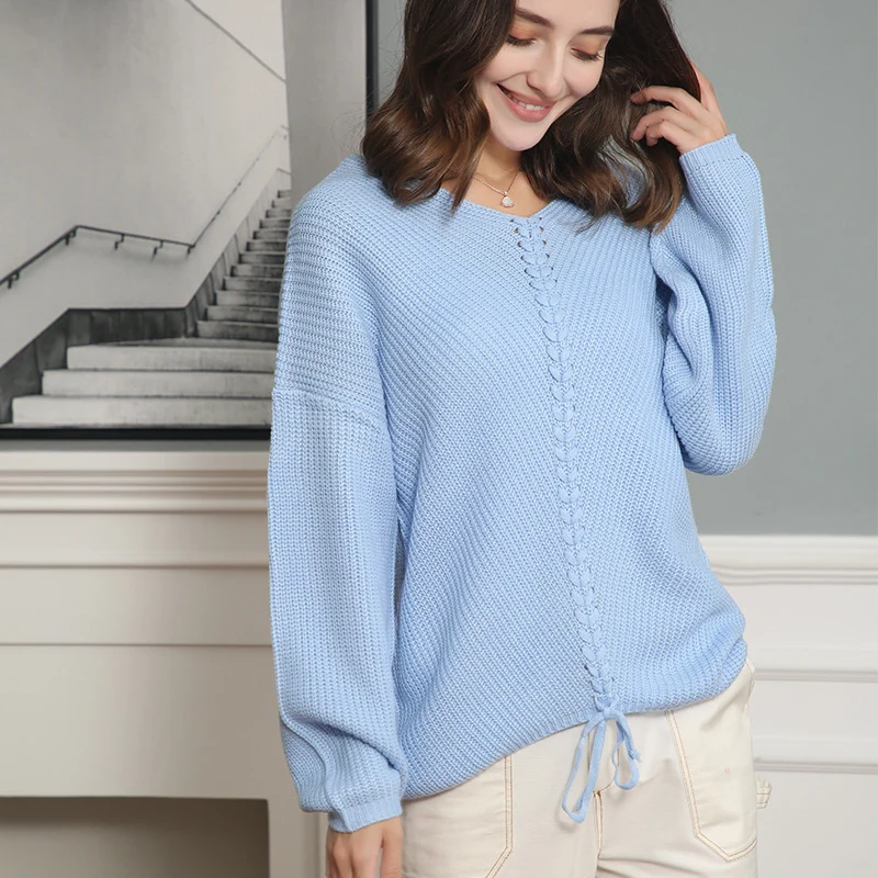 Damen Strickpullover mit Zopfmittelnaht, V‑Ausschnitt und Kordelzug Drune