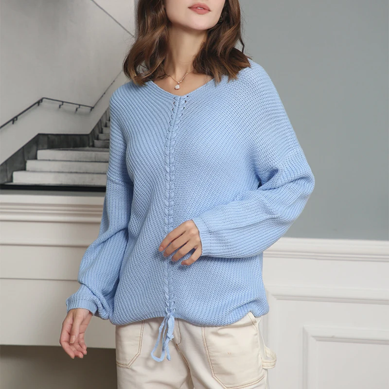 Damen Strickpullover mit Zopfmittelnaht, V‑Ausschnitt und Kordelzug Drune