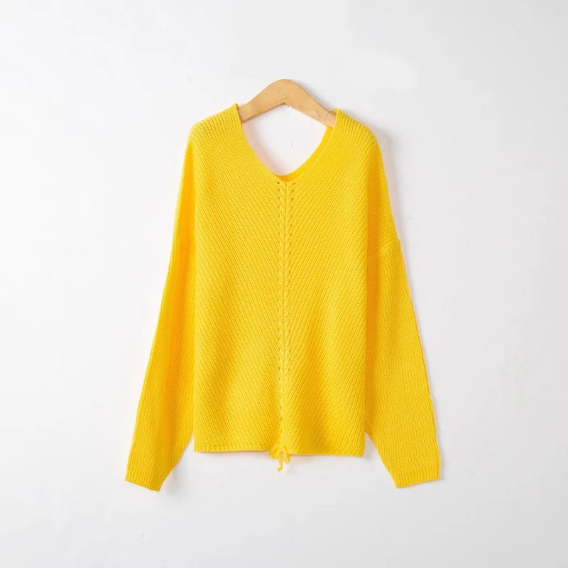 Damen Strickpullover mit Zopfmittelnaht, V‑Ausschnitt und Kordelzug Drune