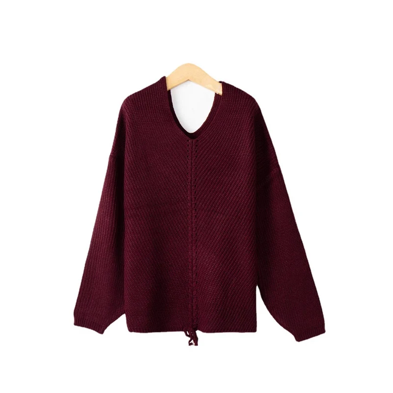 Damen Strickpullover mit Zopfmittelnaht, V‑Ausschnitt und Kordelzug Drune