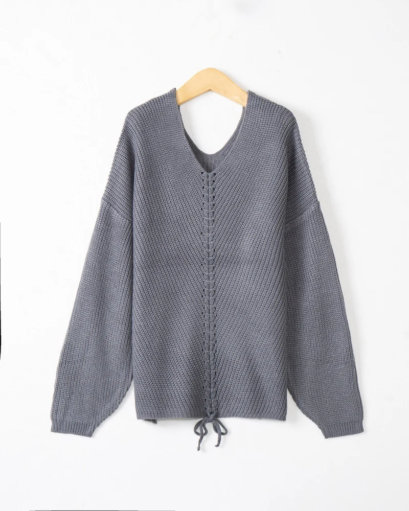 Damen Strickpullover mit Zopfmittelnaht, V‑Ausschnitt und Kordelzug Drune