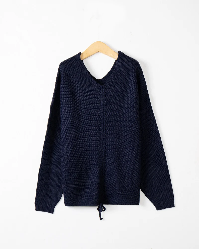 Damen Strickpullover mit Zopfmittelnaht, V‑Ausschnitt und Kordelzug Drune