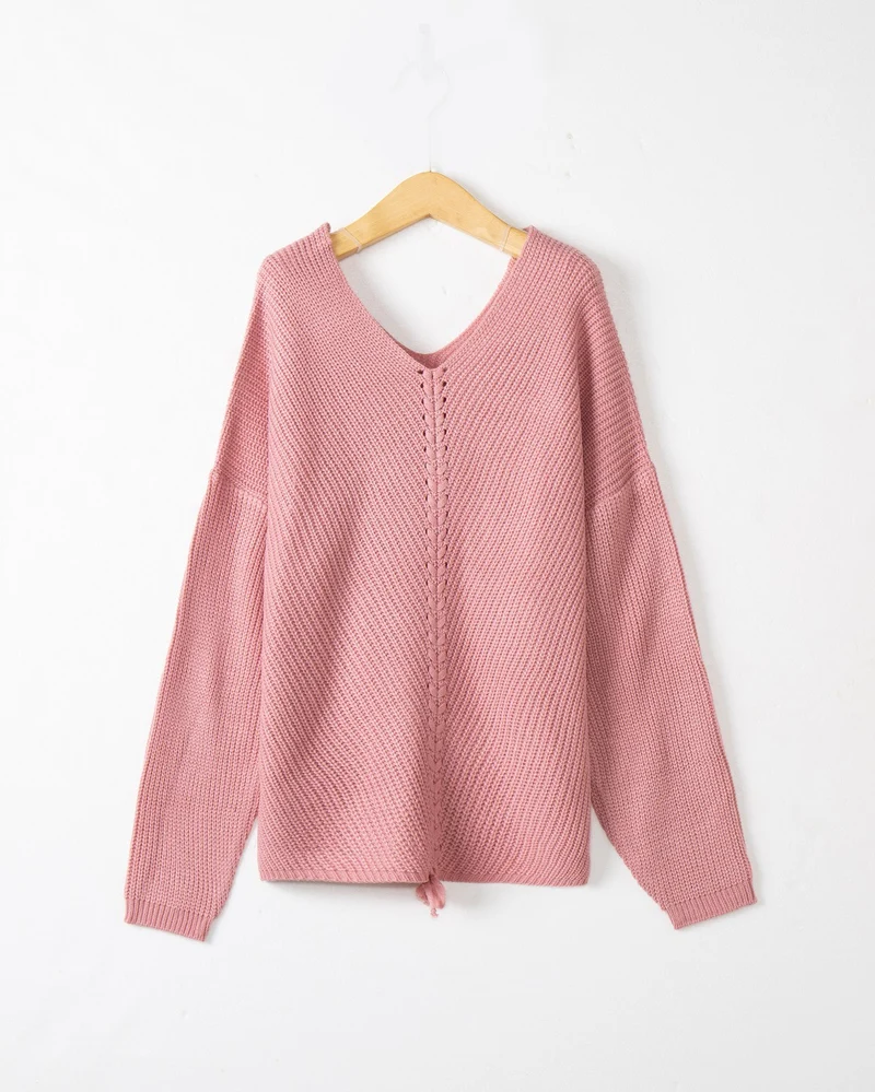 Damen Strickpullover mit Zopfmittelnaht, V‑Ausschnitt und Kordelzug Drune