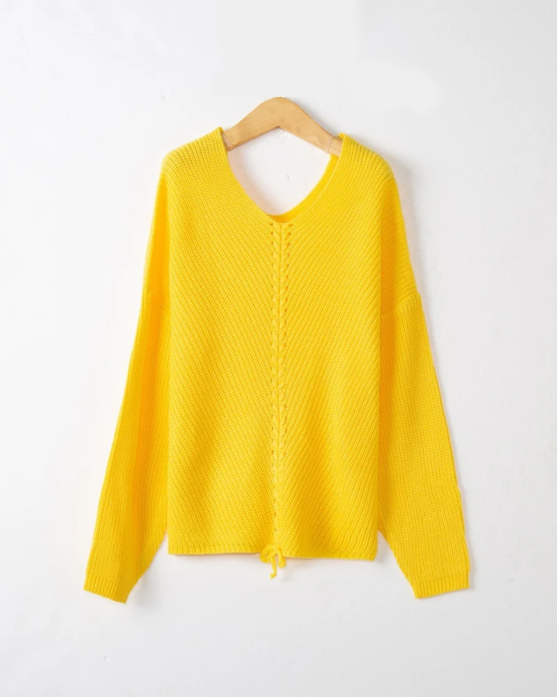 Damen Strickpullover mit Zopfmittelnaht, V‑Ausschnitt und Kordelzug Drune