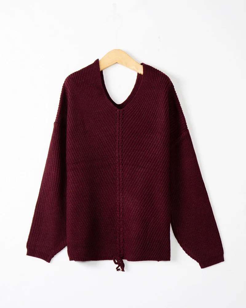 Damen Strickpullover mit Zopfmittelnaht, V‑Ausschnitt und Kordelzug Drune