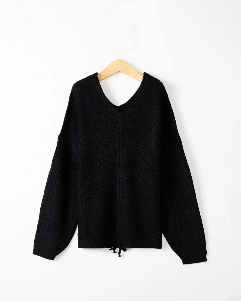Damen Strickpullover mit Zopfmittelnaht, V‑Ausschnitt und Kordelzug Drune