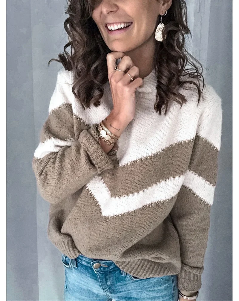 Damen Strickpullover mit hohem Stehkragen und Chevron‑Muster Drune