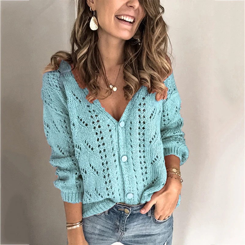 Damen Strickcardigan mit V-Ausschnitt und Ajourmuster Drune