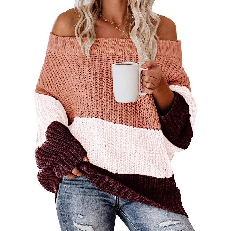 Damen Schulterfreier Oversize Blockstreifen Strickpullover Drune