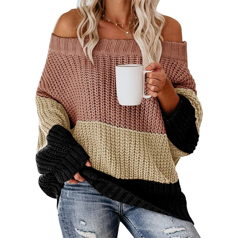 Damen Schulterfreier Oversize Blockstreifen Strickpullover Drune
