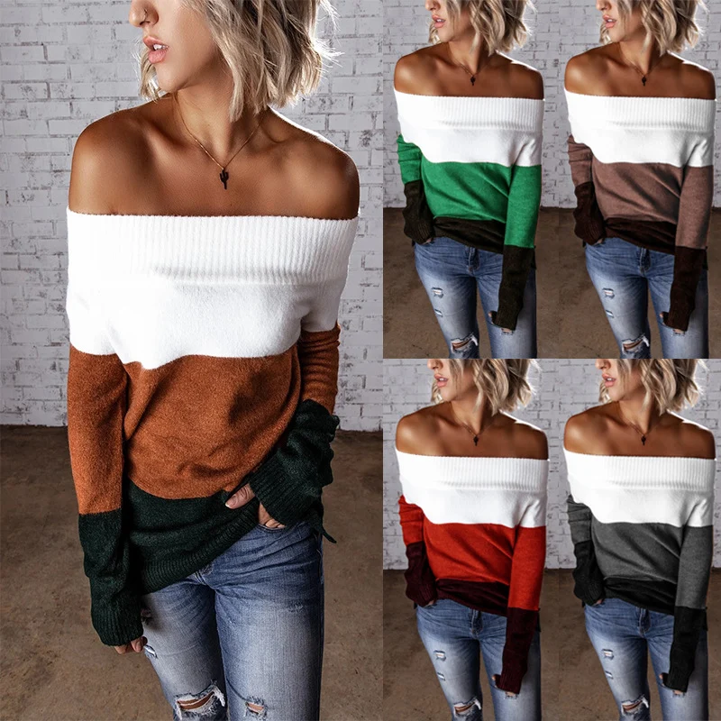 Damen Schulterfreier Colorblock-Strickpullover mit Umschlagkragen Drune