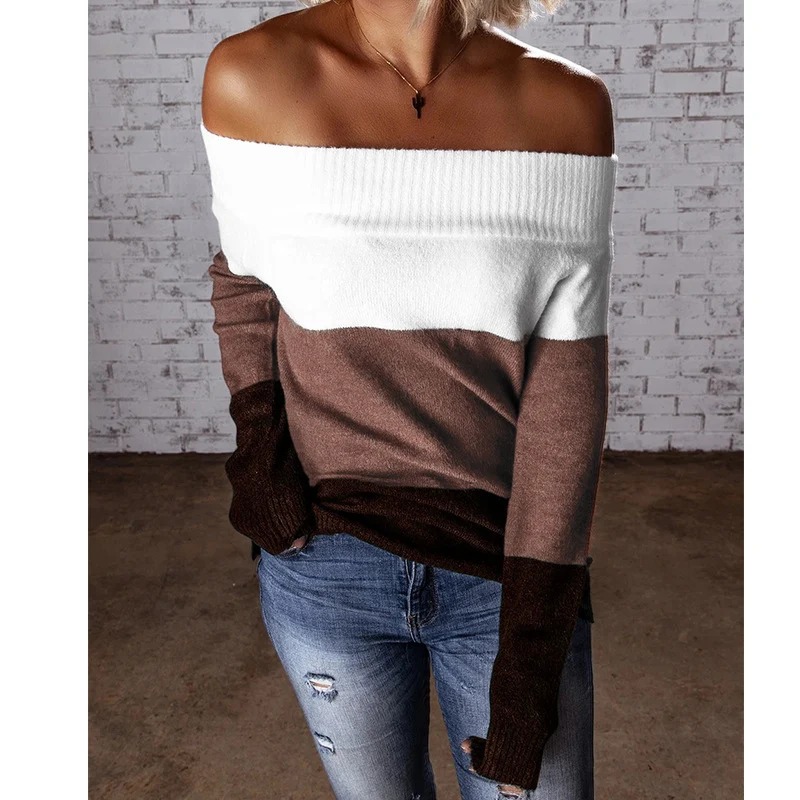 Damen Schulterfreier Colorblock-Strickpullover mit Umschlagkragen Drune