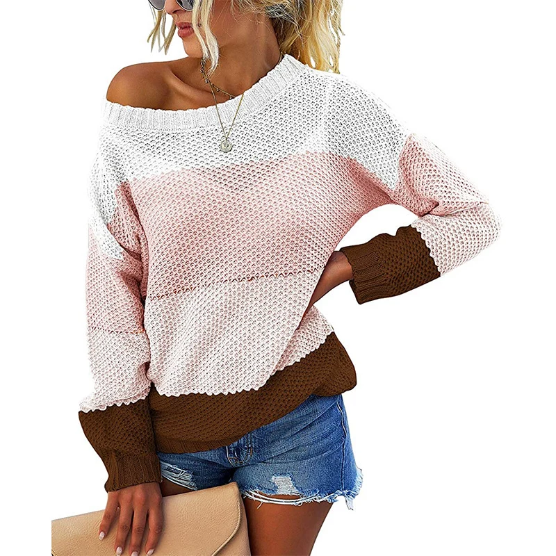 Damen Schulterfreier Blockstreifen-Strickpullover mit Waffelstruktur und Oversize-Schnitt Drune