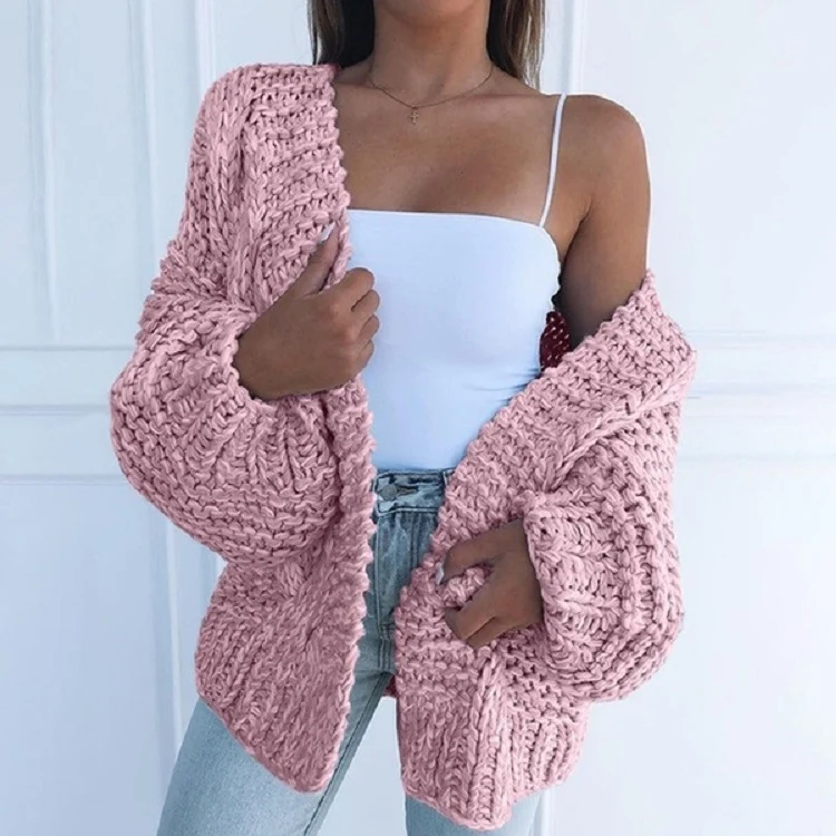 Damen Oversized Grobstrick-Cardigan mit Balloon-Ärmeln und offener Front Drune